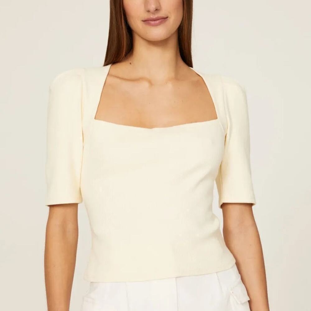 10 Crosby Derek Lam Top Puff Sleeve Square Neck Cropped Rib Knit Yellow Medium